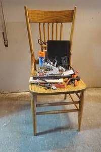 lot 334 image: Hardware, DVD Player, Wooden Chair, Hand Tools, Steel Wool, Sandpaper, Twist Ties