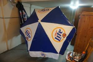 lot 336 image: Miller Lite Patio Umbrella-Vinyl Blue and White
