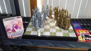 lot 188 image: Marble Chess and Backgammon Board, Ceramic Knight, and More.