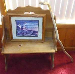 lot 191 image: Small Bench, Walking Stick, Framed Print.