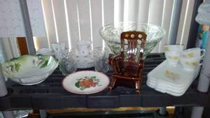 lot 236 image: Vintage McCoy Rocker Planter, Blue Ridge Pottery Plate, Fire King Snack Trays and More.