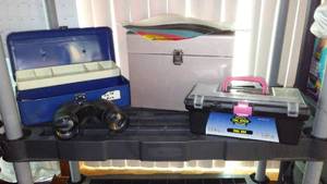 lot 238 image: John Doe, Organization Box with Contents, Locking File Box, Binoculars.