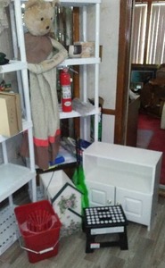 lot 266 image: Assorted Household Items, Cabinet, Folding Stool and More.