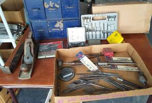 lot 354 image: Assorted Bits, Vintage Parts Drawers, Pry Bar, Planer.