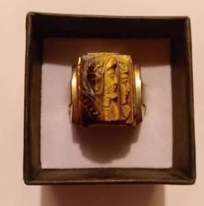 lot 379 image: Carved Spartan Soldier Tigers Eye Ring in 10k Yellow Gold.