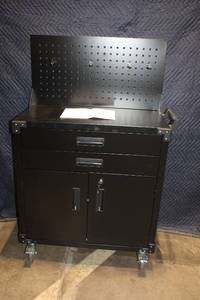 lot A-10 image: Black Rolling Metal Tool Cabinet with Drawers and Pegboard Back 32in x 16in x 52in