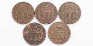 lot 29 image: US 2 Cent Coin Lot of 5