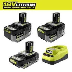 lot 37 image: RYOBI ONE 18V Lithium-Ion HIGH PERFORMANCE Starter Kit with 2.0 Ah Battery, (2) 4.0 Ah Batteries, and Charger  Customer Returns See Pictures
