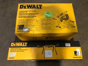 lot 3 image: Dewalt 15 Amp Corded 12 in. Double Bevel Sliding Compound Miter Saw  & Compact Miter Saw Stand Customer Returns See Pictures