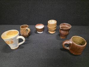 lot 12 image: Unique hand-made signed and glazed Stoneware cups and pitchers