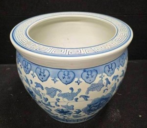 lot 55 image: Vintage Blue and White Ceramic Fish-Bowl planter
