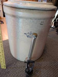 lot 25 image: 5 Gallon Stoneware Crock Water Dispenser with Lid and Spigot
