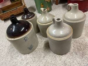 lot 510 image: Collection of 5 Antique Stoneware Whiskey Jugs Including Western Stoneware