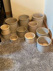 lot 512 image: Collection of 10 Vintage Stoneware Crocks Assorted Sizes
