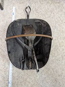 lot 528 image: Vintage Fireplace Tool Set with Scuttle Pan and Brass Handle