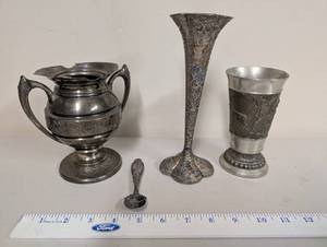 lot 558 image: Antique Silverplated Decor Set - Sugar Bowl, Bud Vase, German Beaker, Norge Spoon