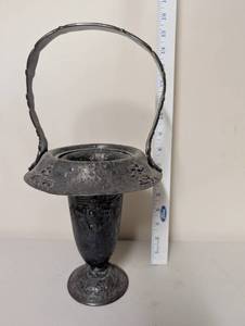 lot 560 image: Antique Ornate Silverplate Pedestal Basket with Handle