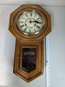 lot 589 image: Vintage Wooden Regulator Wall Clock with Roman Numerals