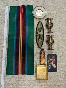 lot 663 image: Collection of Vintage Decorative Items Including Art of Chokin Plate, Brass Vases, and Textiles