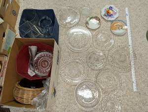 lot 676 image: Collection of Vintage Glass and Porcelain Tableware Including Plates, Pitchers, and Decorative Dishes