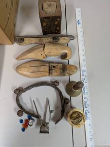 lot 694 image: Vintage Miscellaneous Collectibles Including Shoe Lasts, Lighter, Bell and More