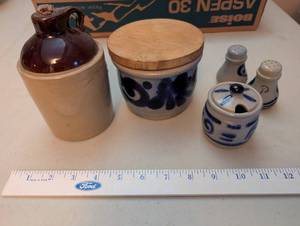 lot 704 image: Stoneware Mini Crocks, Jug, and Salt & Pepper Shakers Set