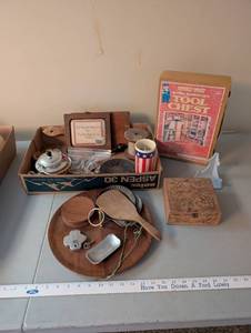 lot 727 image: Vintage Assorted Home Decor, Trinkets, and Handy Andy Tool Chest Set