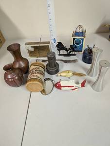 lot 729 image: Vintage Collectibles Lot Vases, Fishing Lures, Edison Record, Mini Clock and More