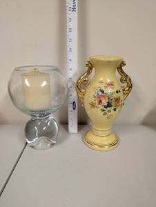 lot 732 image: Glass Candle Holder and Ornate Floral Ceramic Vase Set