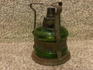 lot 739 image: Antique Green Glass Oil Lantern with Metal Frame