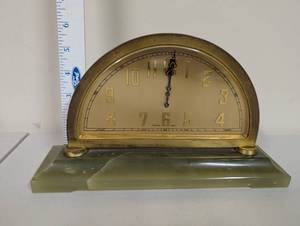 lot 744 image: Vintage Swiss 8-Day Brass & Green Onyx Desk Clock