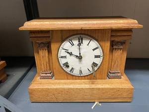 lot 816 image: Antique Wooden Mantel Clock with Roman Numeral Dial