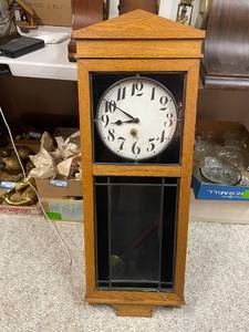 lot 839 image: Vintage E. Ingraham Landau Wall Pendulum Clock with Oak Case