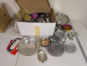 lot 926 image: Box Lot of Vintage Pewter, Silver, and Aluminum Tableware and Glasses