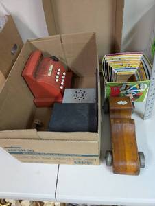 lot 927 image: Vintage Toy Set with Tom Thumb Cash Register, Metal Stove, Wooden Car, and Record Collection