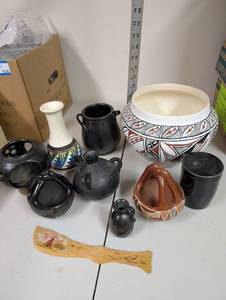 lot 930 image: Lot of 10 Southwestern Native American Style Pottery Vessels and Spoon Rest