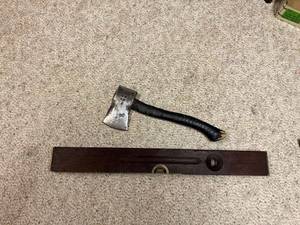 lot 530 image: Vintage Wood Level and Hatchet with Wrapped Handle