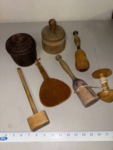 lot 570 image: Collection of Antique Wooden Butter Molds, Mallets, and Kitchen Utensils