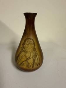 lot 581 image: Vintage Handcrafted Vase with Native American Portrait Etching