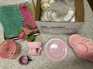 lot 587 image: Collection of Pink and Charcoal Dinnerware with Planters and Crocheted Linens