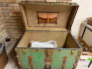 lot 591 image: Antique Jas. A. Quirk Green Steamer Trunk with Brass Hardware