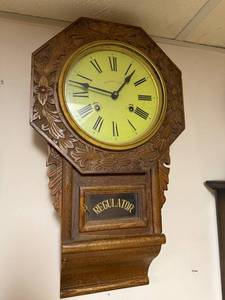 lot 597 image: Wall-Mounted Wooden Regulator Clock with Floral Carving