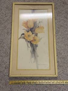 lot 642 image: Framed Floral Print by Rosal Ostler in Yellow Wooden Frame