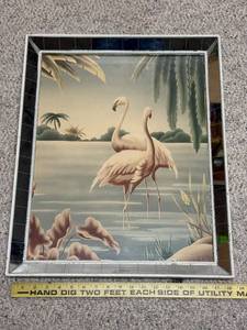 lot 650 image: Framed Flamingo Artwork with Mirrored Border 15x15 Inches