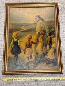 lot 655 image: Framed 1948 Religious Print Jesus with Children