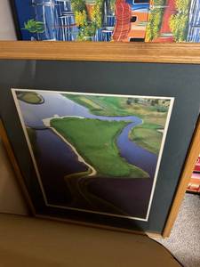 lot 670 image: Framed Aerial Golf Course Artwork with Green Mat