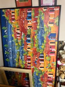 lot 674 image: Framed Haitian Village Landscape Painting with Vibrant Colors