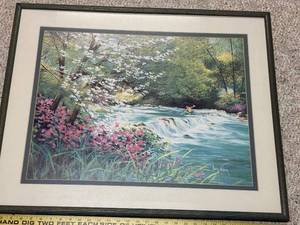 lot 684 image: Framed Landscape Artwork by Howard Rogers with Waterfall and Blossoms
