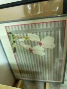 lot 688 image: Framed Artwork Print with White Flowers and Blinds Motif