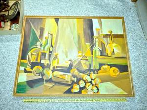 lot 689 image: Framed Abstract Still Life Painting Signed by Artist 29x23 Inches